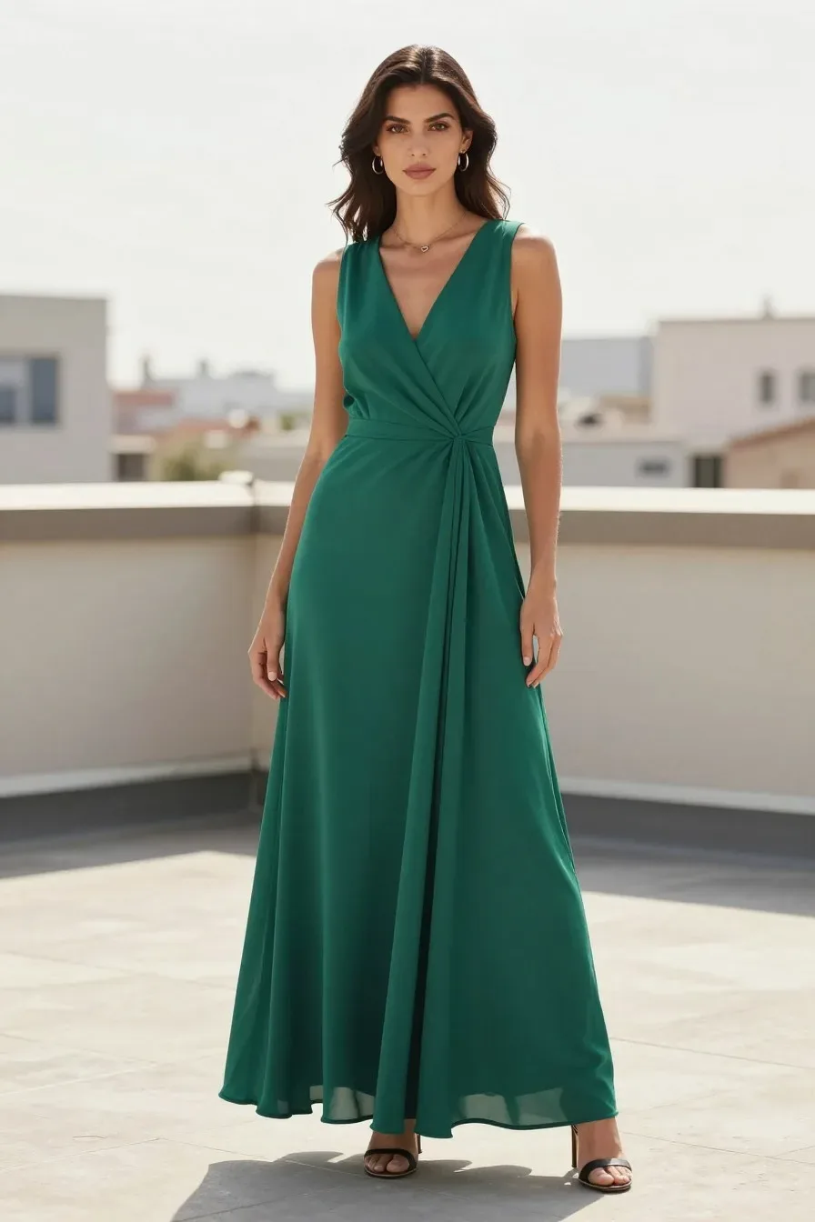 Full body shot of a fashionable woman wearing a flowing emerald green maxi dress with elegant draping, standing on a sun