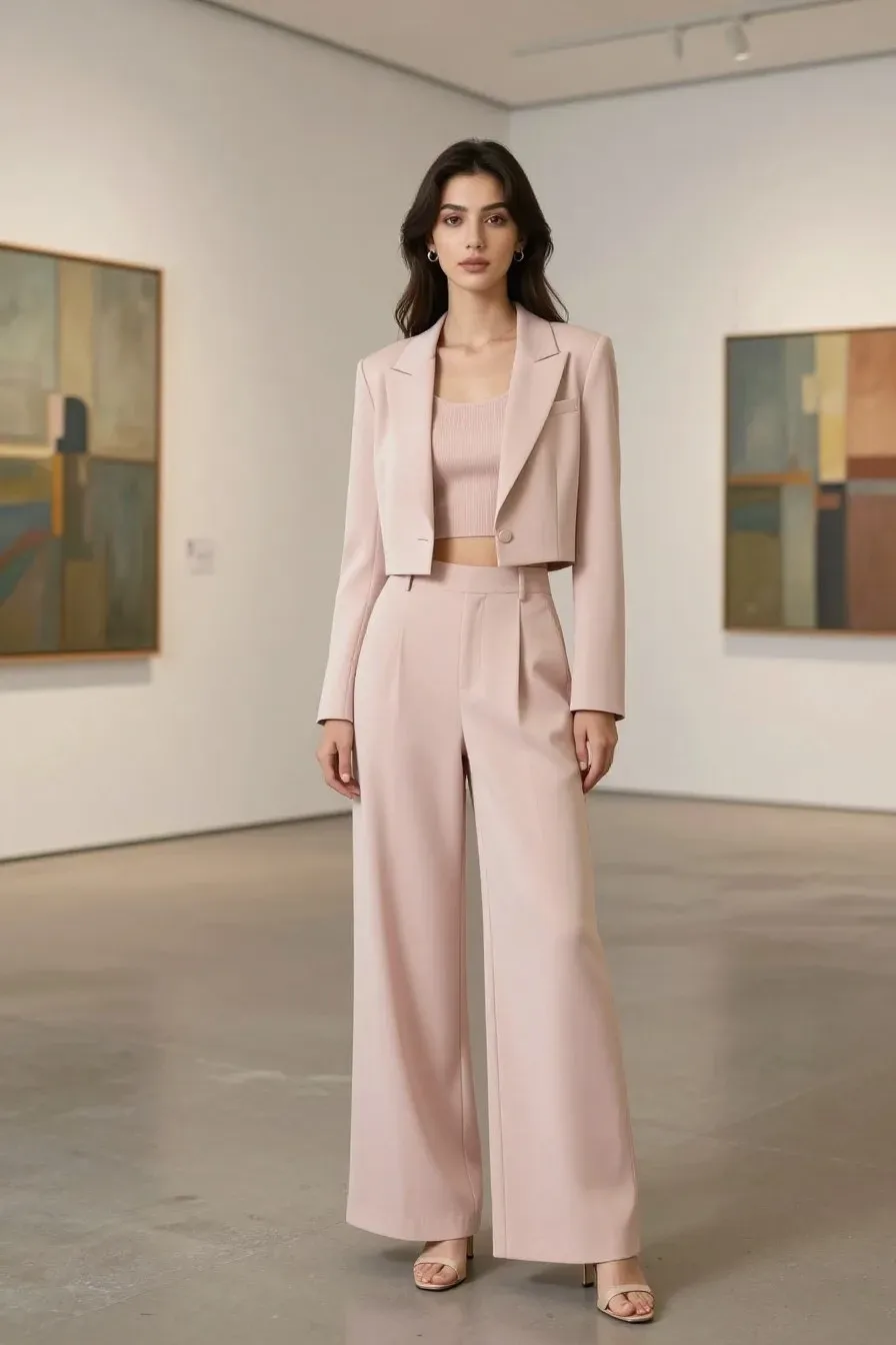 A petite woman wearing a trendy coordinated two-piece set in soft blush pink with wide-leg pants and cropped blazer, sta