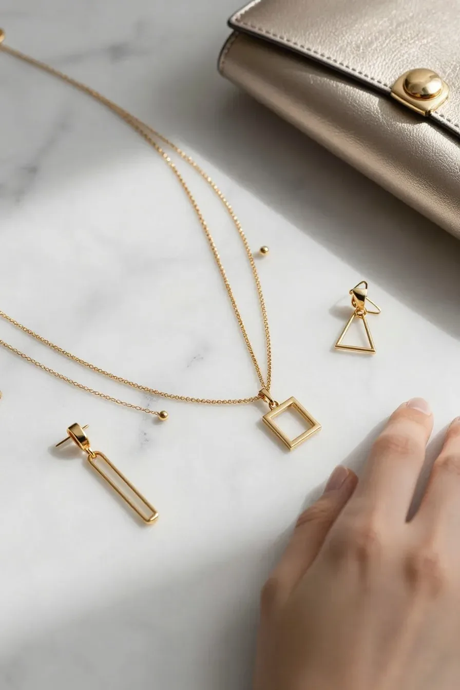 Close-up of sophisticated statement jewelry - delicate gold layered necklaces, minimalist geometric earrings, and a slee