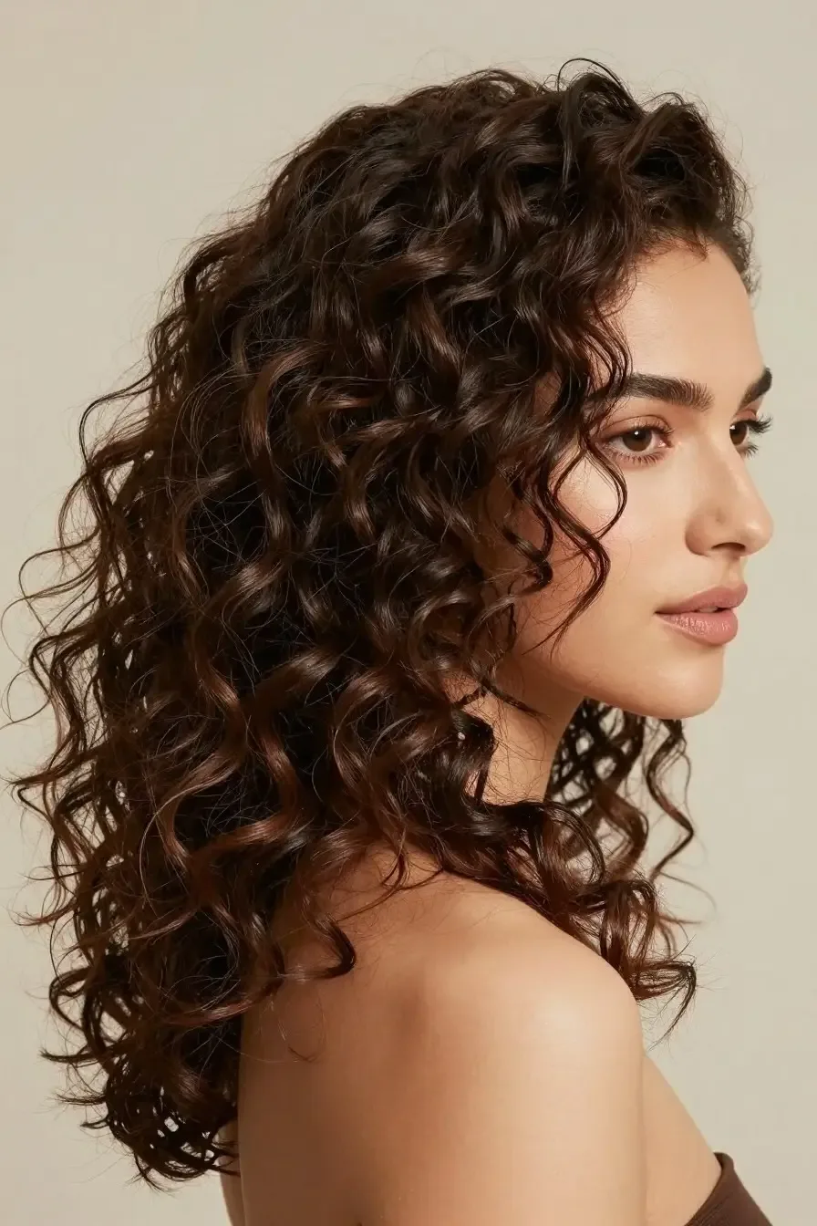 Beautiful woman with voluminous curly hair, half pulled back in elegant style, soft natural lighting, professional beaut