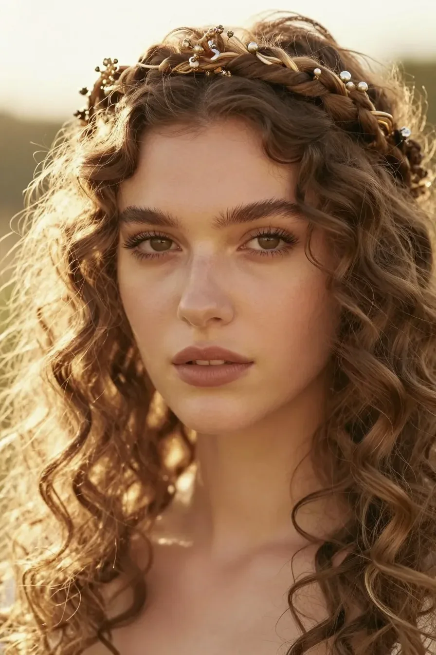Romantic boho crown braid on curly-haired woman, soft golden hour lighting, delicate face framing, loose tendrils escapi