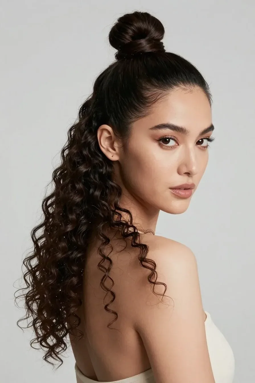 Professional woman with high sleek top knot, tight curls cascading, clean minimal background, editorial fashion photosho