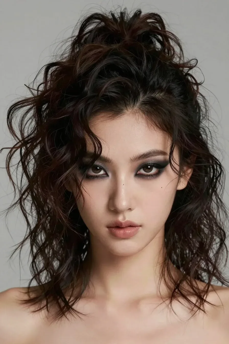 Edgy rock-inspired curly half updo, messy styled look, dramatic shadows, model with confident expression, no text, no wo