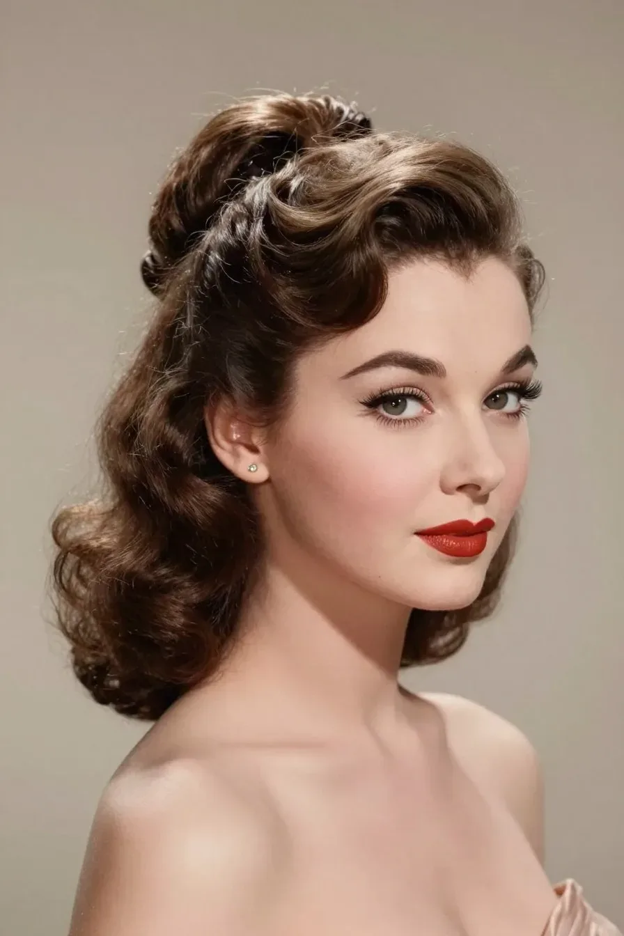 Vintage Hollywood glamour half updo, classic soft waves, elegant mid-century styling, soft studio lighting, no text, no 