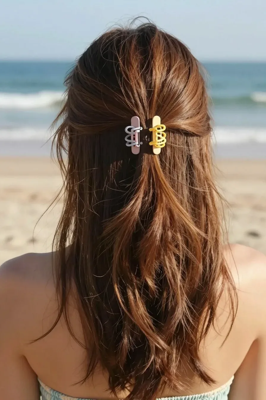 Festive summer half up hairstyle with spiral hair clips, beach background, natural sunlight, carefree mood, no text, no 