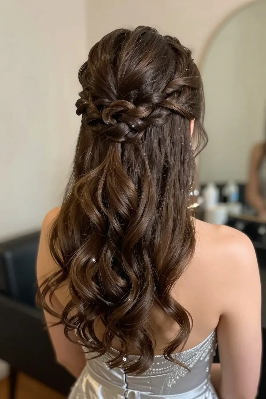Sophisticated braided half updo, intricate hair weaving, soft evening lighting, elegant evening wear background, no text