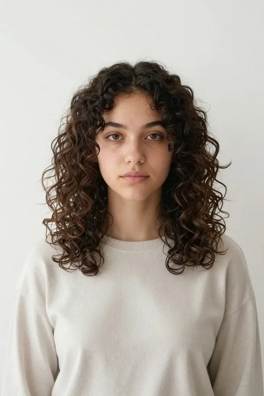 Minimalist center-parted half up curly hairstyle, clean modern aesthetic, neutral clothing, studio photography, no text,