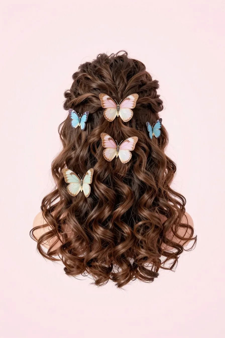Playful half updo with butterfly hair clips, soft pastel background, youthful energy, natural curls, no text, no words, 