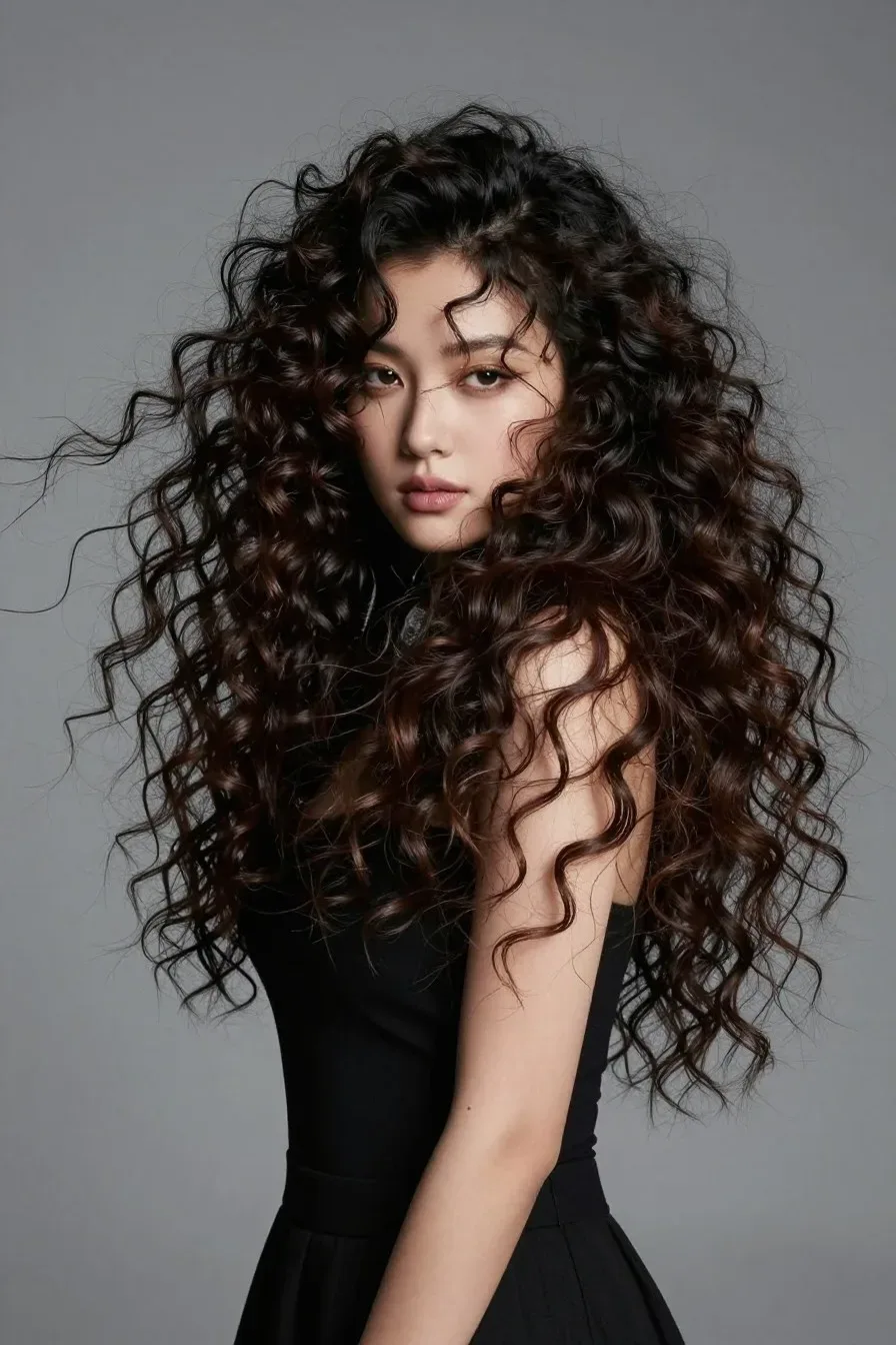 High volume curly half updo, dramatic hair movement, dynamic posing, fashion editorial style, no text, no words, no lett