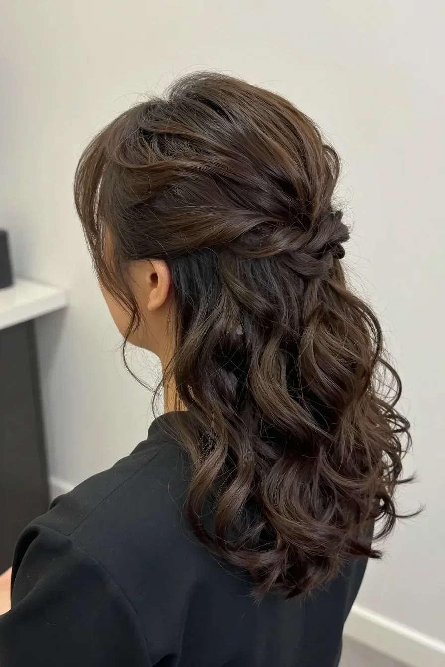 Professional textured curly half updo, corporate setting, polished and sleek styling, minimal makeup, no text, no words,