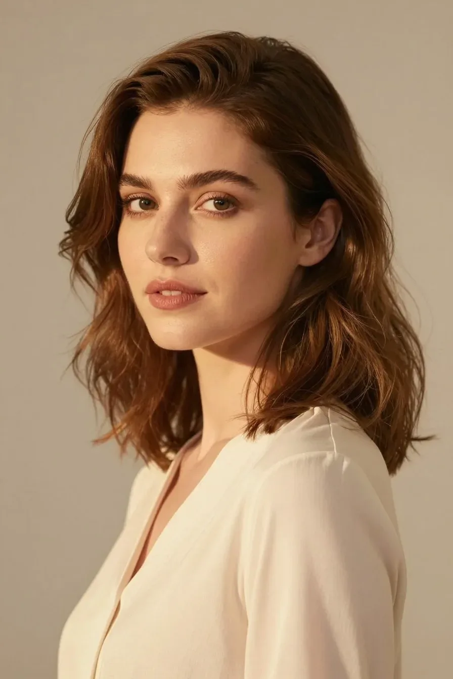 Stunning woman with shoulder-length wavy hair, photographed from a three-quarter view, wearing a soft cream blouse, look
