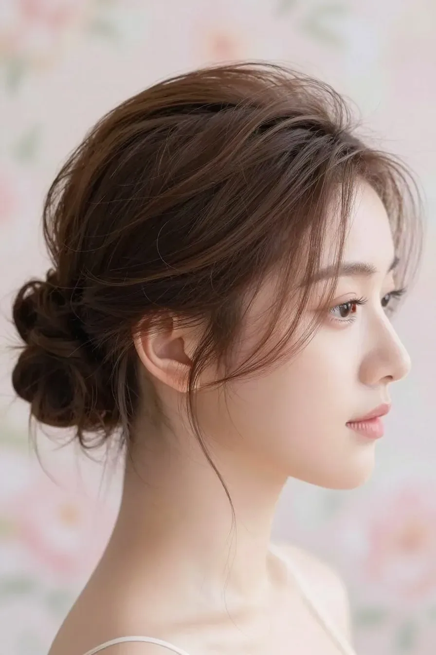 Close-up of woman's head with soft romantic twisted updo, delicate face-framing tendrils, shot from a side profile again