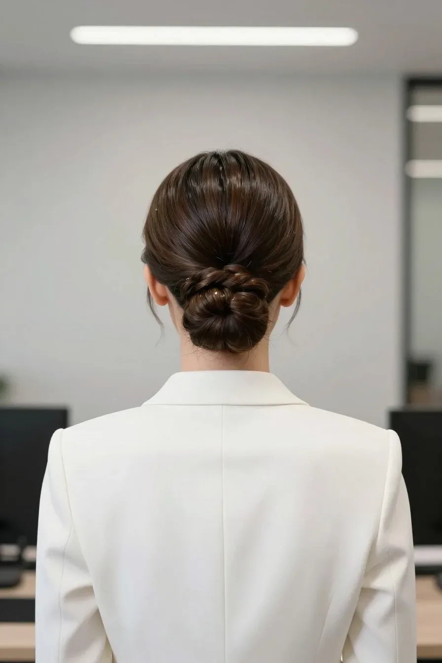 Elegant woman with sleek braided chignon, viewed from behind, wearing a tailored white blazer, sophisticated office sett