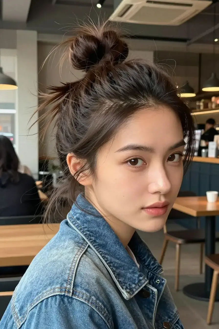 Candid shot of woman with playful messy topknot, captured from an over-the-shoulder angle, wearing casual denim jacket, 