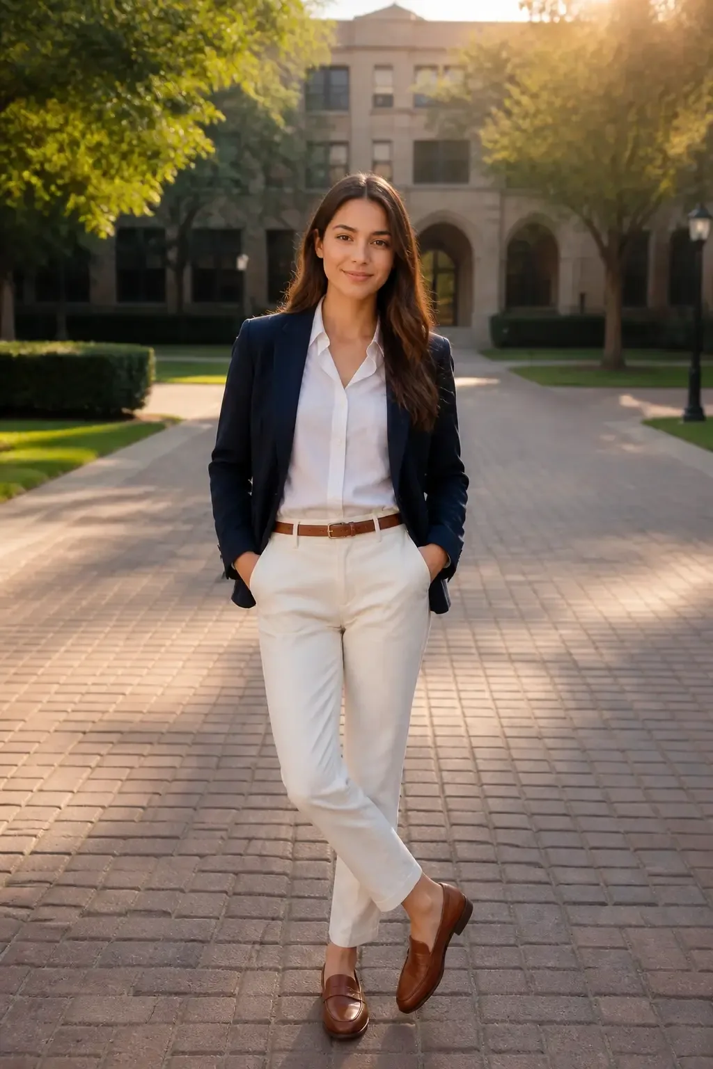 Cover image: a stylish young woman in a navy blazer over a crisp white button-down, standing in a sunlit campus courtyar
