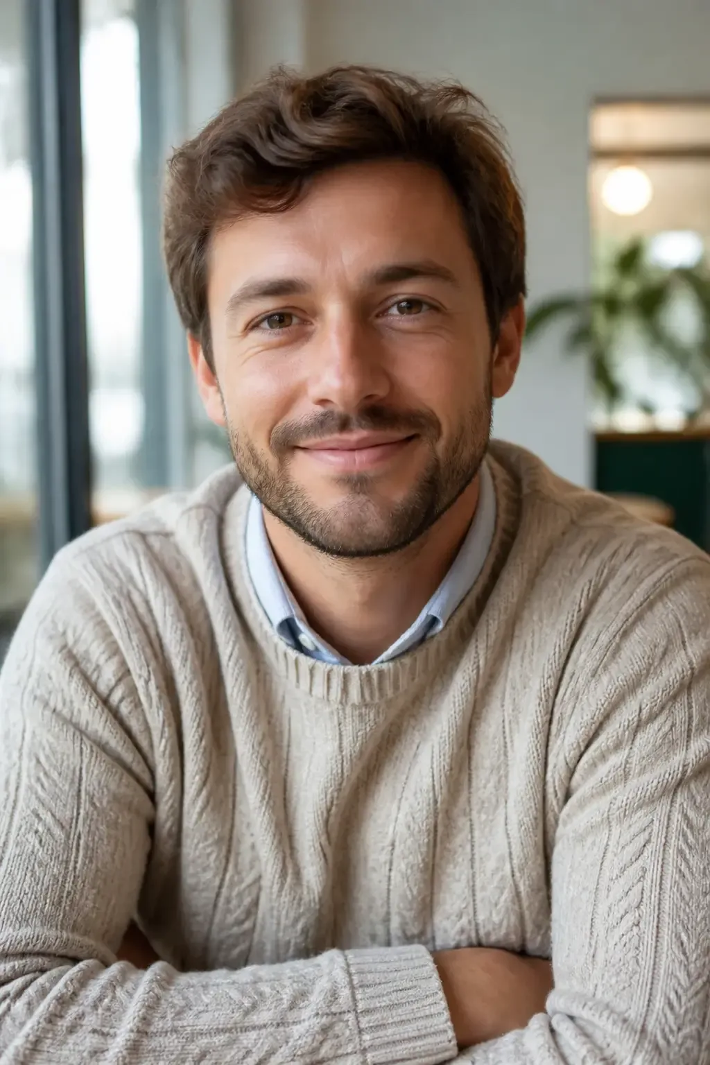 Close-up of a cable-knit sweater over a collared shirt, arms casually crossed in a bright, cozy cafe; soft window light,