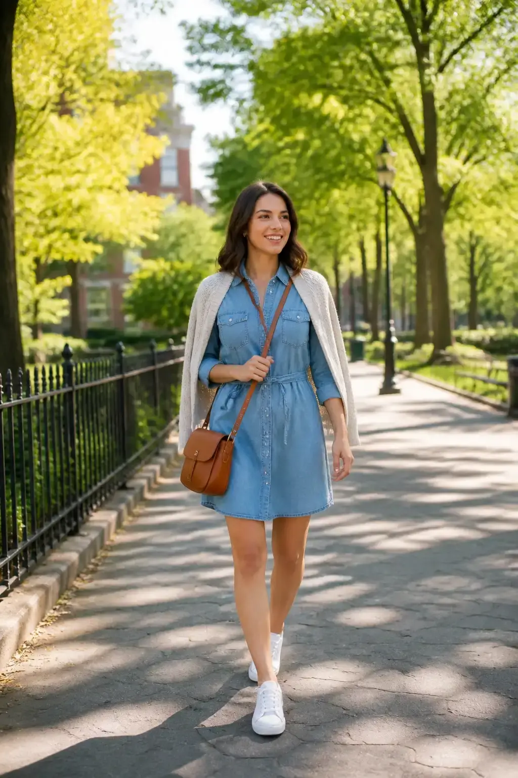 Wide shot of a chambray dress with white sneakers strolling a sunlit urban park, cardigan draped over shoulders, leather