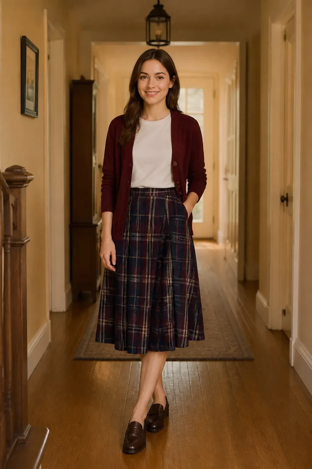 Mid-length shot of a plaid skirt with a solid knit cardigan and tucked-in tee, standing in a warm-toned hallway with loa