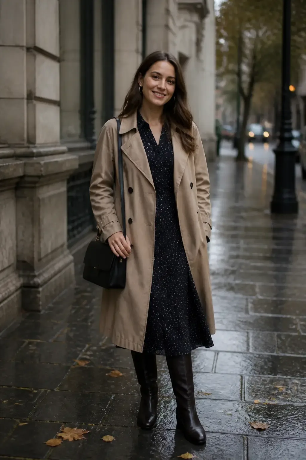Elegant trench coat over a midi dress in a light drizzle setting, knee-high boots and a sleek handbag; city street backd