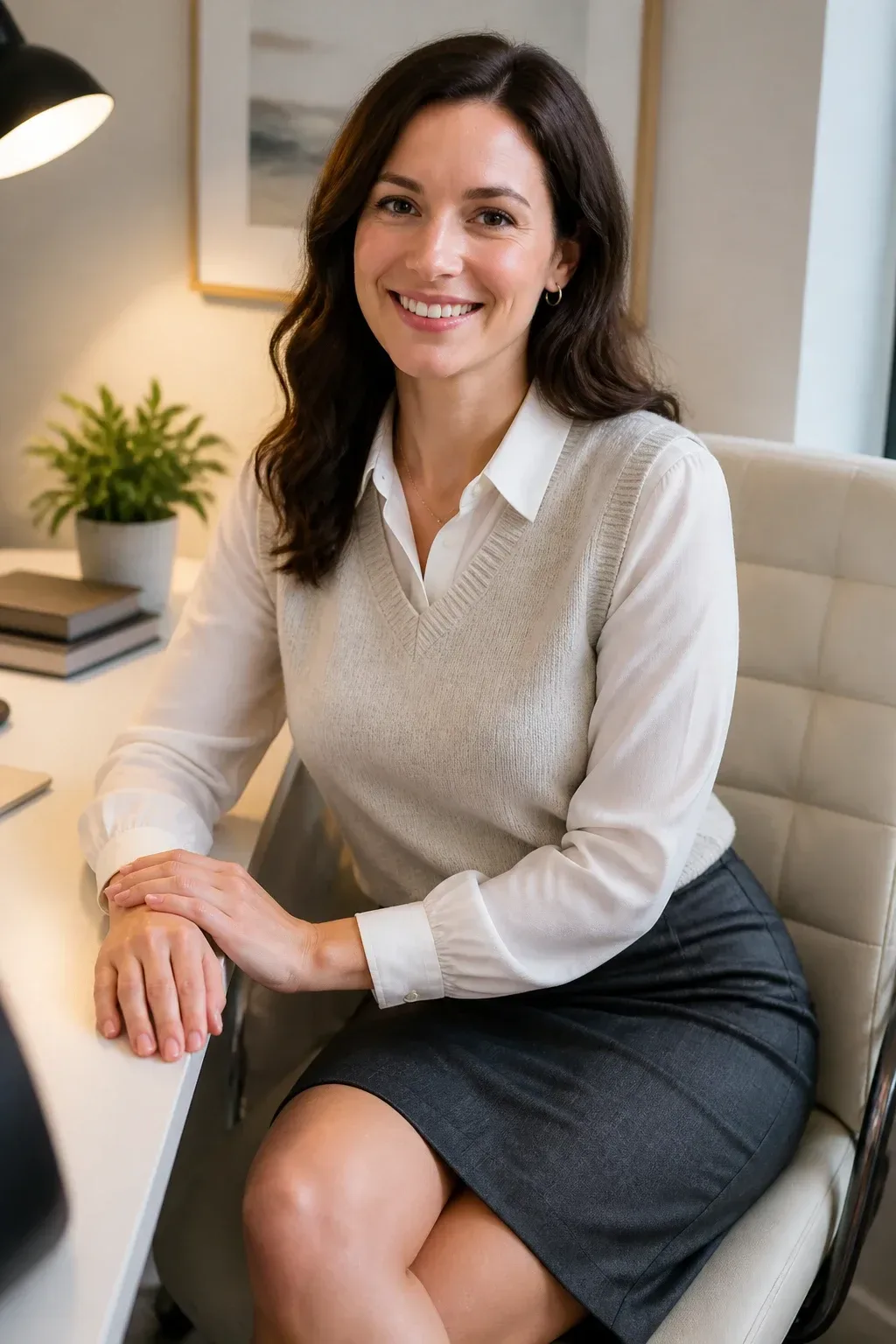 Sweater vest over a long-sleeve blouse with a pencil skirt in a bright, tidy office corner; natural desk lighting, subtl