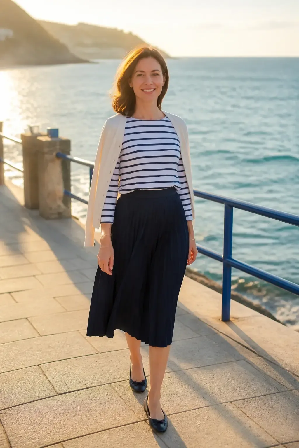 Navy pleated skirt paired with Breton striped top on a breezy seaside promenade, light cardigan over shoulders, flats; s