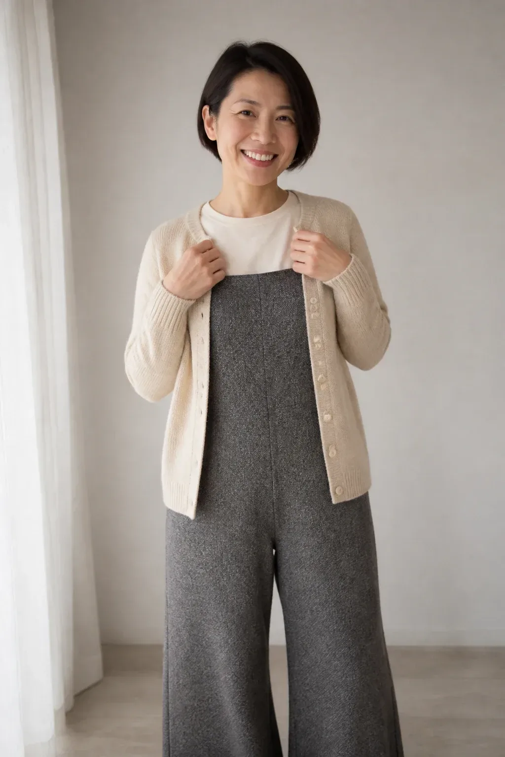 Cardigan-over-overall look in a softly lit studio, model adjusting a slim cardigan over wool overalls, clean background;