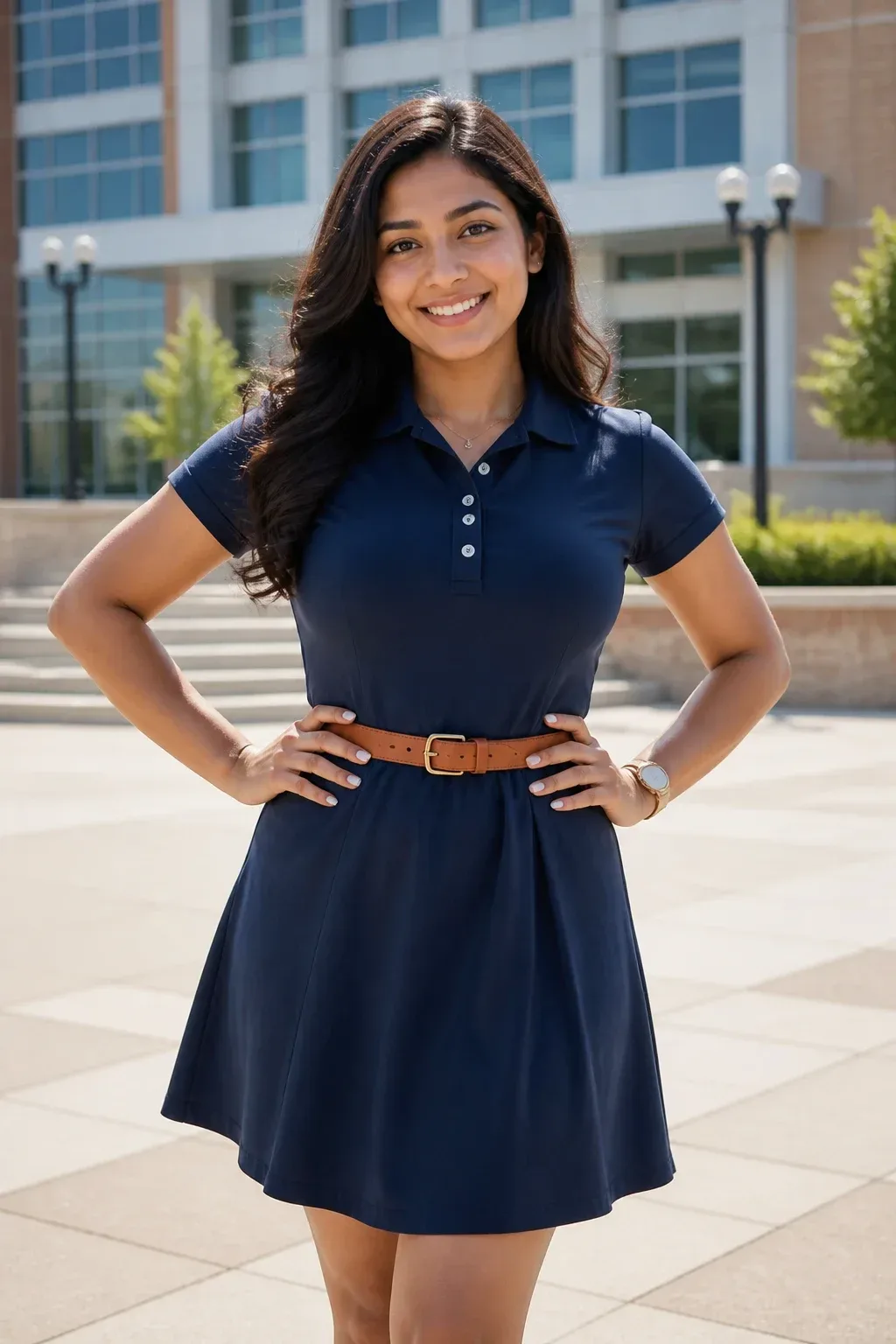 Layered preppy tech: polo dress with belt posing against a modern campus building, confident stance, minimal accessories