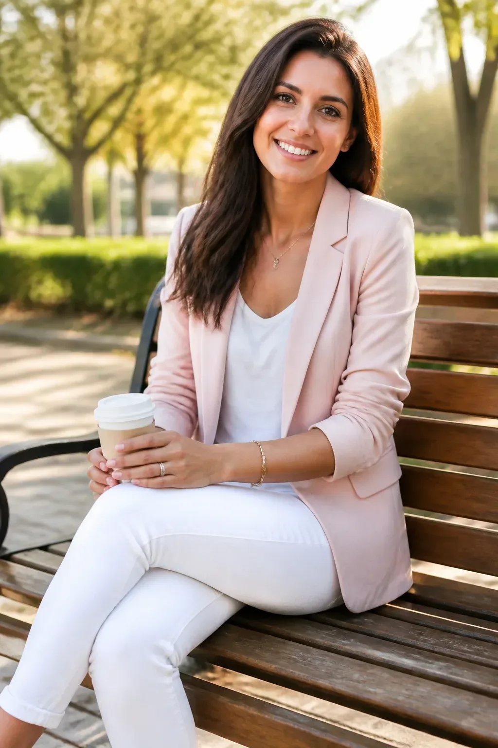 Casual weekend vibe: white jeans with pastel blazer and breathable tee, seated on a park bench with coffee cup; warm mor